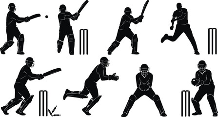 Silhouette cricket players in action, batting, bowling, fielding, wicketkeeping, stumps breaking, sports illustration, vector artwork for cricket concept design