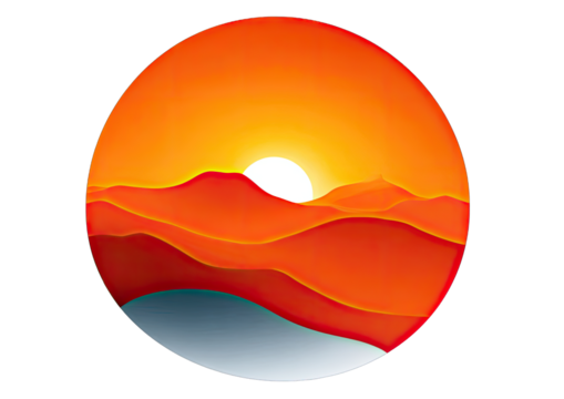 Circular graphic of a sunrise over a desert landscape