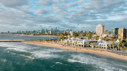 St Kilda Beach Aerial View with Melbourne City Skyline in the Background, Australia &ndash; Drone Photography"