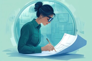 Focused woman wearing glasses working on architectural blueprints with modern technical drawings in the background