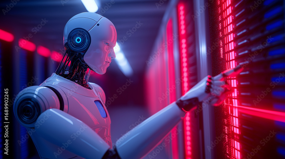 Poster futuristic humanoid robot operating digital server panel in neon-lit data center.