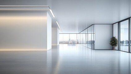 Spacious modern empty office interior with large glass windows, polished floor, minimalist white walls, ceiling lights, and a single potted plant, natural daylight streaming in