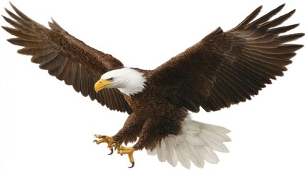 Obraz premium Majestic Bald Eagle in Flight with Spread Wings on White Background