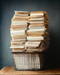 Large overflowing wire basket filled with numerous stacks of old, yellowed papers and documents on a wooden table against a plain dark background