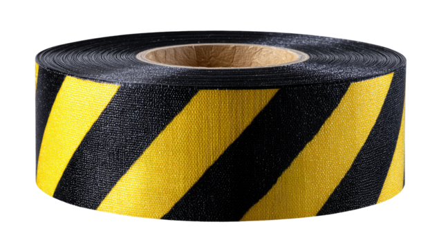 Rolled safety tape with diagonal yellow and black stripes