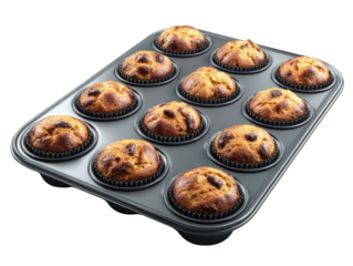 Baked muffins in a metal tin