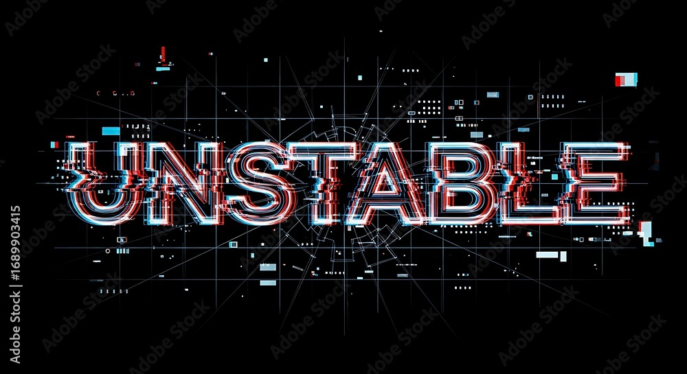 Aufkleber dynamic digital glitch effect spells unstable on dark futuristic background with data streams
