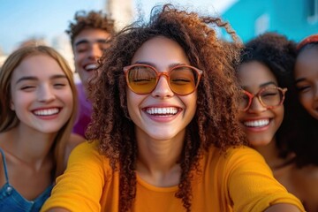 Group of diverse young friends smiling joyfully outdoors taking a selfie on a sunny day