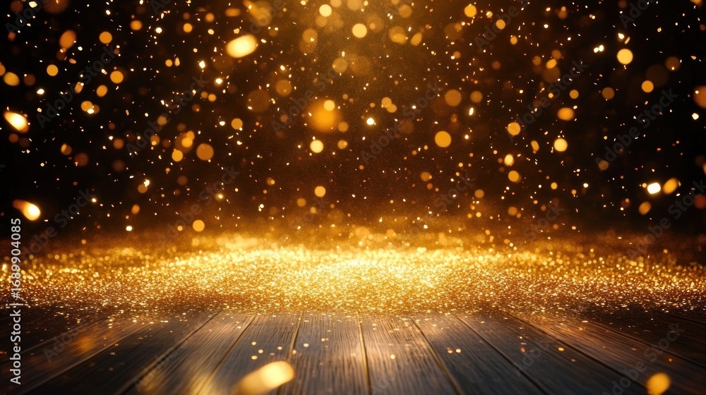 Aufkleber golden sparkling dust particles illuminated over a dark wooden surface creating a magical and festiv