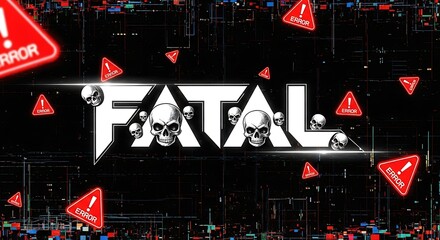 Dynamic digital glitch with skulls and error alerts creates intense tech failure theme