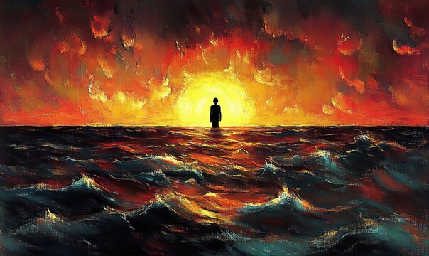 Silhouette of a lone figure standing in turbulent ocean waters facing a fiery sunset with dramatic orange and red sky - Powered by Adobe
