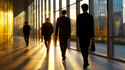 Businessmen walking in modern office corridor during sunset with long shadows.