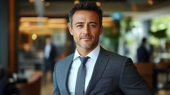 Confident businessman wearing a dark suit and tie standing in a modern office environment with a slight smile