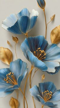 Stylized digital rendering of several pale blue flowers with gold stems and leaves against a light gray background;  detailed petals and stamens