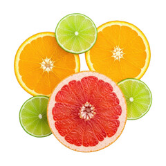 Assortment of citrus fruit slices including orange grapefruit and lime isolated on transparent background