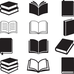 Book icon set in flat black silhouette vector illustration bundle for education and reading concepts

