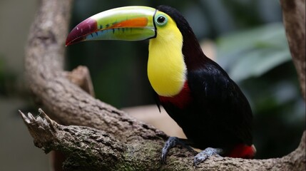 Vibrant toucan perched on tree branch in lush rainforest with colorful feathers exotic wildlife tropical bird species and natural jungle habitat for nature lovers