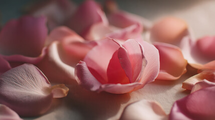 A close up view of delicate pink rose petals scattered on a surface with soft lighting glow
