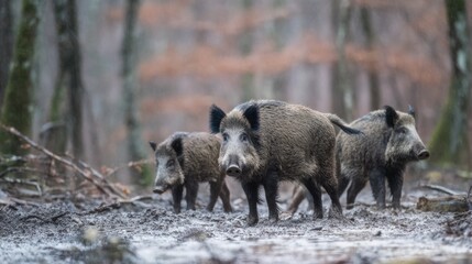 Fototapeta premium Wildlife scene featuring a group of wild boars in their natural forest habitat showcasing mammals animals and outdoor wildlife in a serene woodland environment