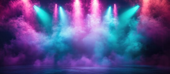 Empty stage illuminated with vibrant pink and blue lights shrouded in thick colorful fog creating a dramatic and mysterious atmosphere