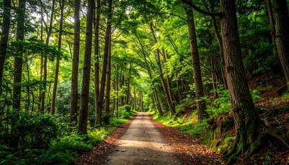 Obraz premium A scenic forest pathway surrounded by dense green trees, leading into the distance