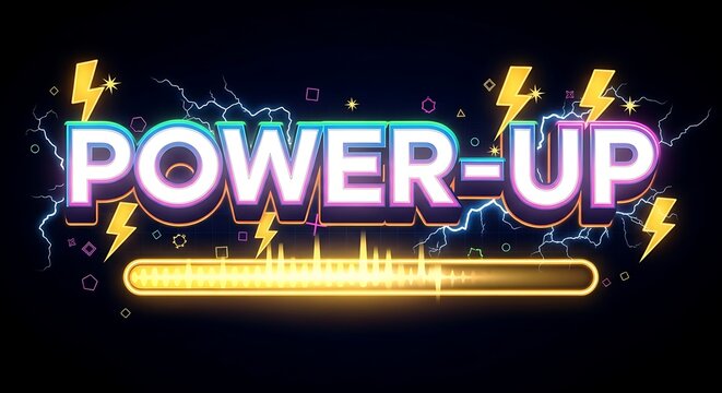 Dynamic "Power-Up" text with neon lightning and loading bar for energy and progress themes