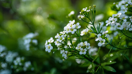 A close up shot of delicate white alyssum flowers in bloom with a soft green background bokeh