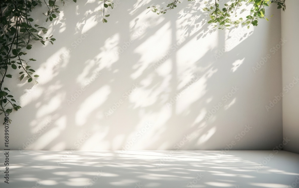 Poster soft natural sunlight casting leafy shadows on a white wall and table creating a calm and serene atm