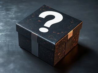 Black gift box with a large white question mark on the lid symbolizing mystery and surprise on a dark matte surface