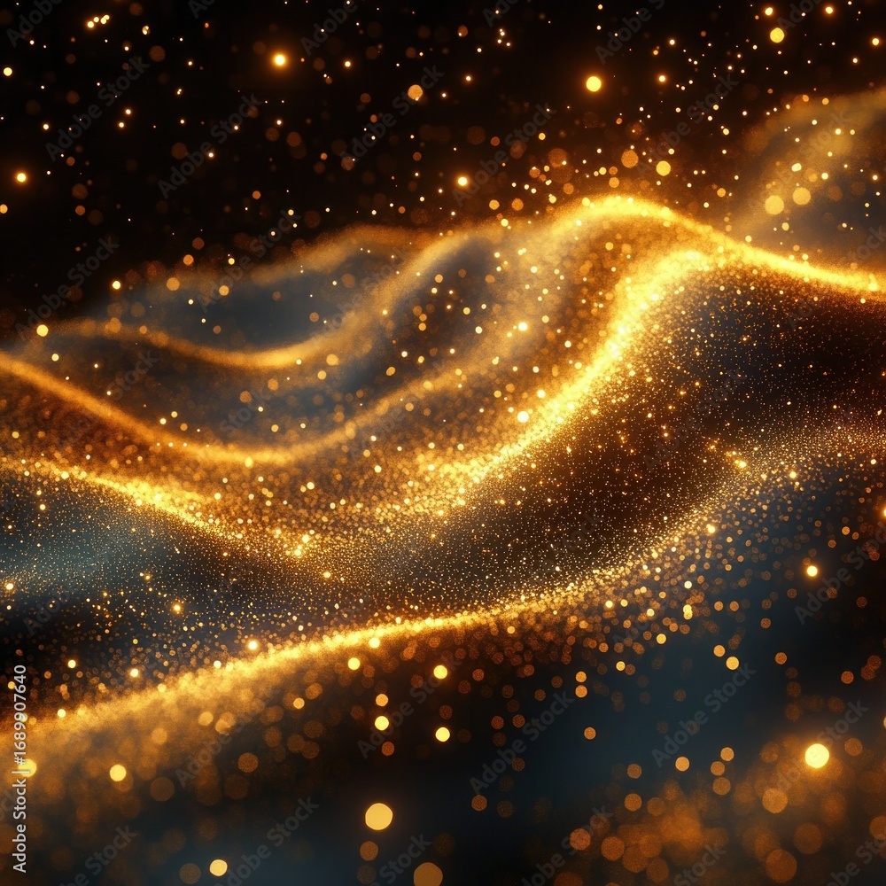 Poster shimmering golden particles flowing in wave-like formations against a dark background creating a glo