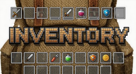 Pixelated game inventory screen shows swords potions shields and items for adventure and survival