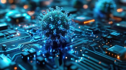 Close-up of a virus-like particle illuminated in blue sitting on a glowing electronic circuit board symbolizing digital infection or cyber virus concept