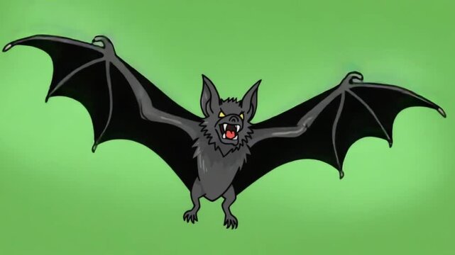 Cartoon drawing of a gray bat with black wings flapping on a green background illustration green screen video