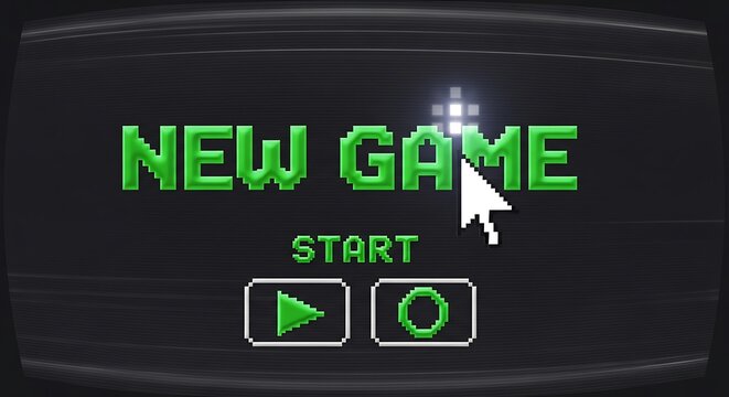 Initiate thrilling new game adventure with classic pixelated start screen interface and cursor. - Powered by Adobe