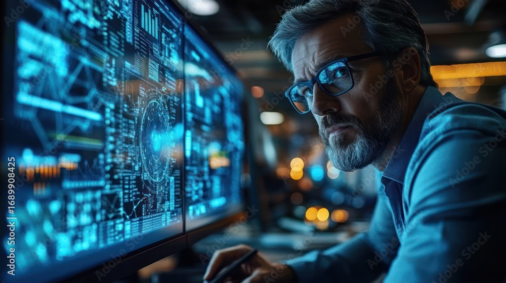 Poster mature man with glasses analyzing complex digital data on multiple transparent blue screens in a dim