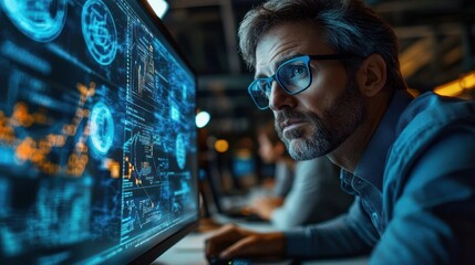 Focused man with glasses analyzing complex digital data and technical diagrams on a glowing computer screen in a dimly lit office environment