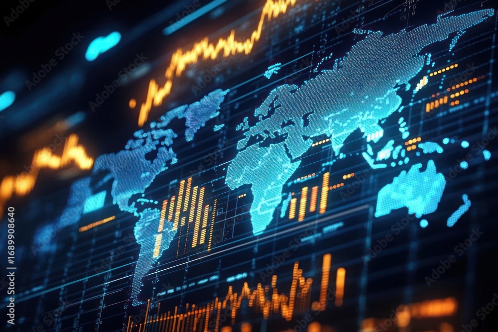 Poster digital display of world map with glowing financial charts and graphs showing market trends and data