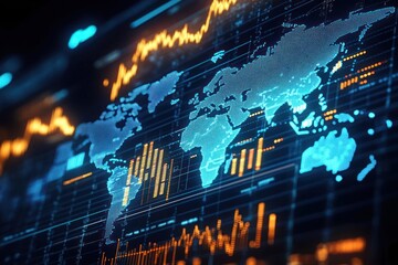 Digital display of world map with glowing financial charts and graphs showing market trends and data analytics in blue and orange hues
