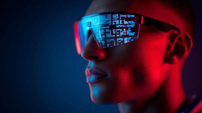 Futuristic man wearing AR glasses with digital code reflections in neon lighting.