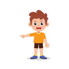 Cartoon boy pointing finger with open mouth, showing direction or expressing himself