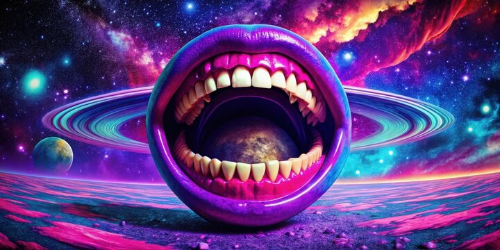 Cosmic Maw Devours Celestial Body in a Vibrant, Surreal Landscape