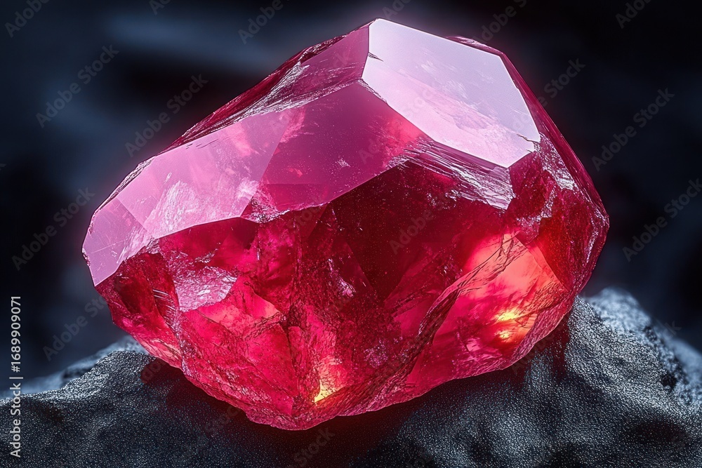 Poster close-up of a large, shiny red crystal with multiple facets resting on a dark textured surface, glow