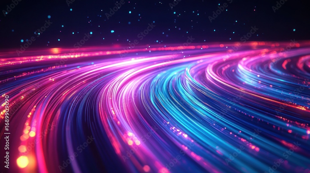 Poster curved glowing trails of multicolored light streaks in a dark space with sparkling particle effects 