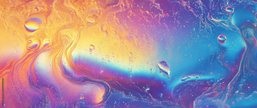 Aufkleber close-up view of colorful swirling liquid with iridescent reflections and scattered droplets creatin