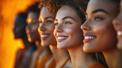 Fototapeta premium Close-up side view of diverse young women standing in a row smiling happily with warm orange background lighting