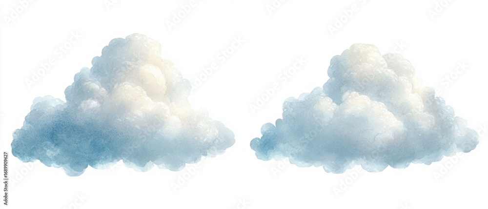 Poster two soft, fluffy, cumulus clouds floating against a white background creating a calm and serene atmo