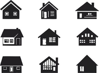 Collection of nine black house icons with white windows and doors Keywords: house, home