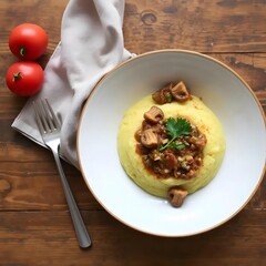 Delicious bowl of creamy polenta topped with savory mushroom ragu and fresh parsley garnish