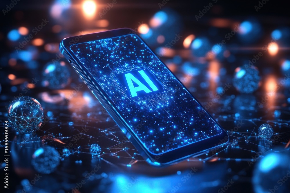 Aufkleber smartphone displaying glowing ai symbol surrounded by interconnected digital network spheres under b