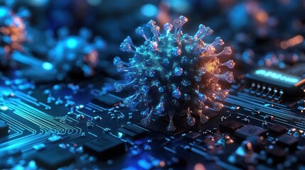 Close-up of a digital virus model resembling a coronavirus resting on a computer circuit board under blue and orange lighting, symbolizing cyber threats or digital infection